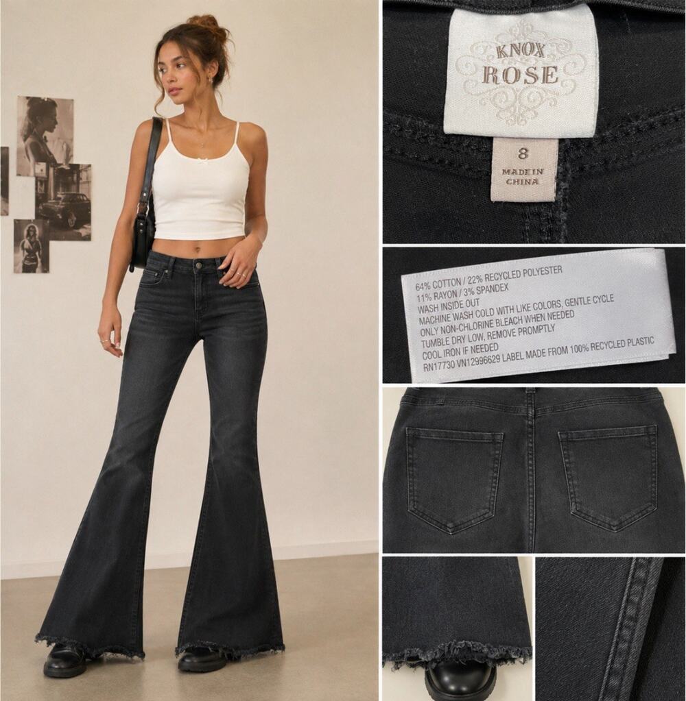 Bohemian Knox Rose Women's High Rise Flare Jeans Size 8 Black Wash Raw Hem Denim